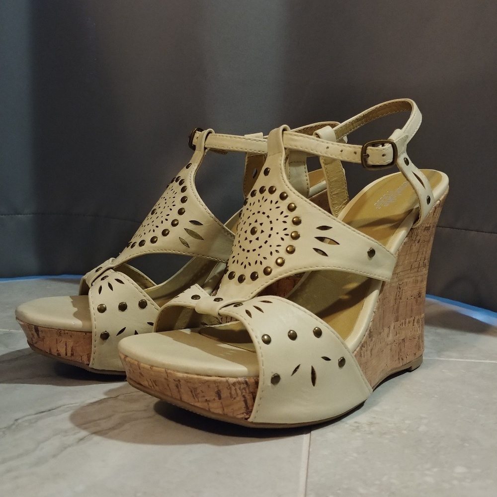 Cream Faux Leather Wedges